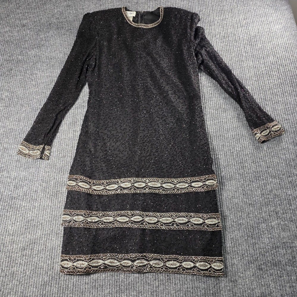 Brilliante by JA Vintage Silk Beaded Cocktail Dress Black Silver‎ Long Sleeve L